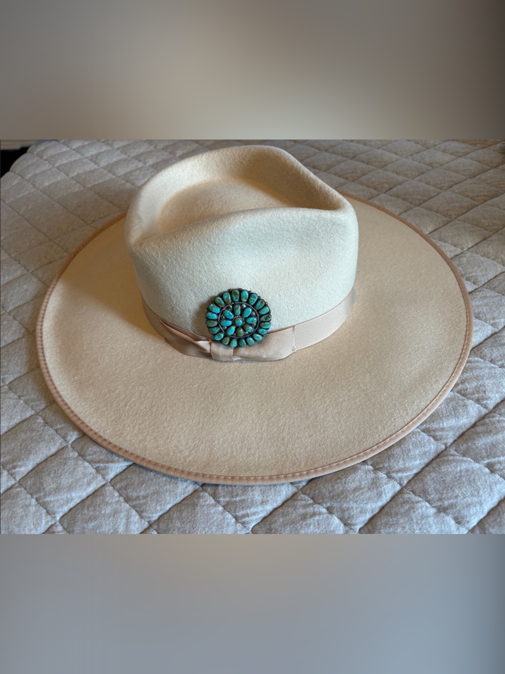 Lack Of Color Cream Wide-Brim Wool Hat with Turquoise Concho